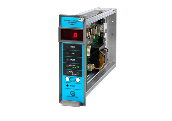 The 580A is a compact, highly-versatile system for continuously monitoring combustible gas (hydrocarbon) concentrations in two locations. The system consists of two remote catalytic sensing assemblies and a solid-state controller. The controller automatically displays the higher reading channel on a digital display, scaled from 0-100% LEL (lower explosive limit). Manual override switching permits readout of the low channel at any time.